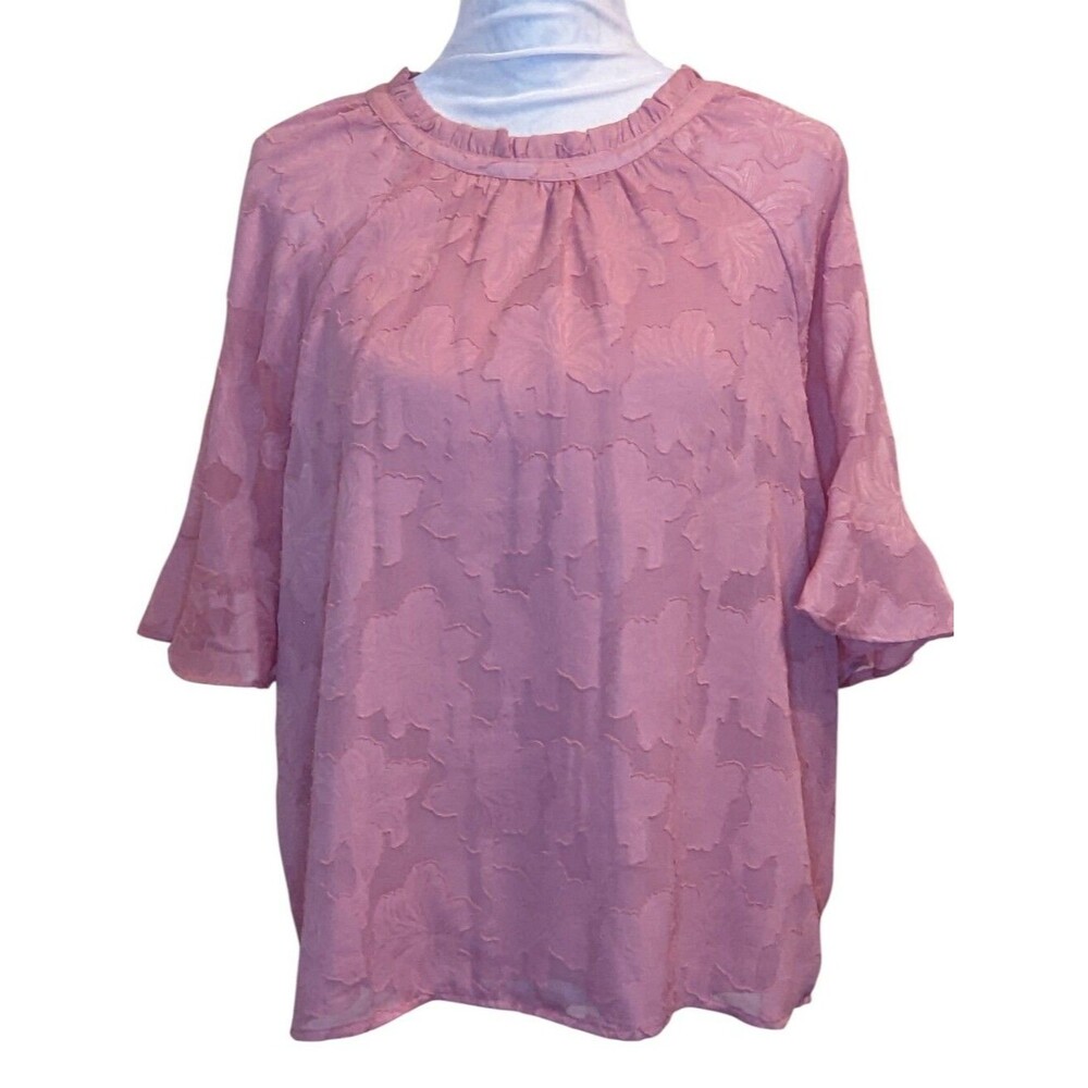 LOFT Dressy Blouse Sheer Lined Rose Pink Floral Monochromatic Ruffle Large